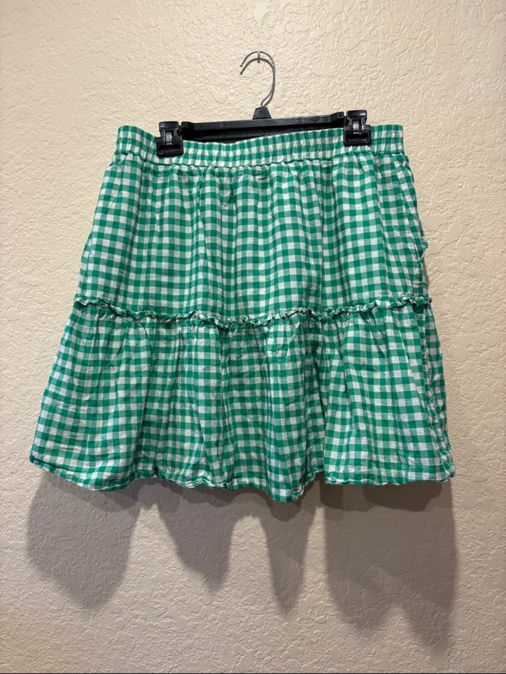 Draper James Green and White Gingham Tiered Mini Skirt